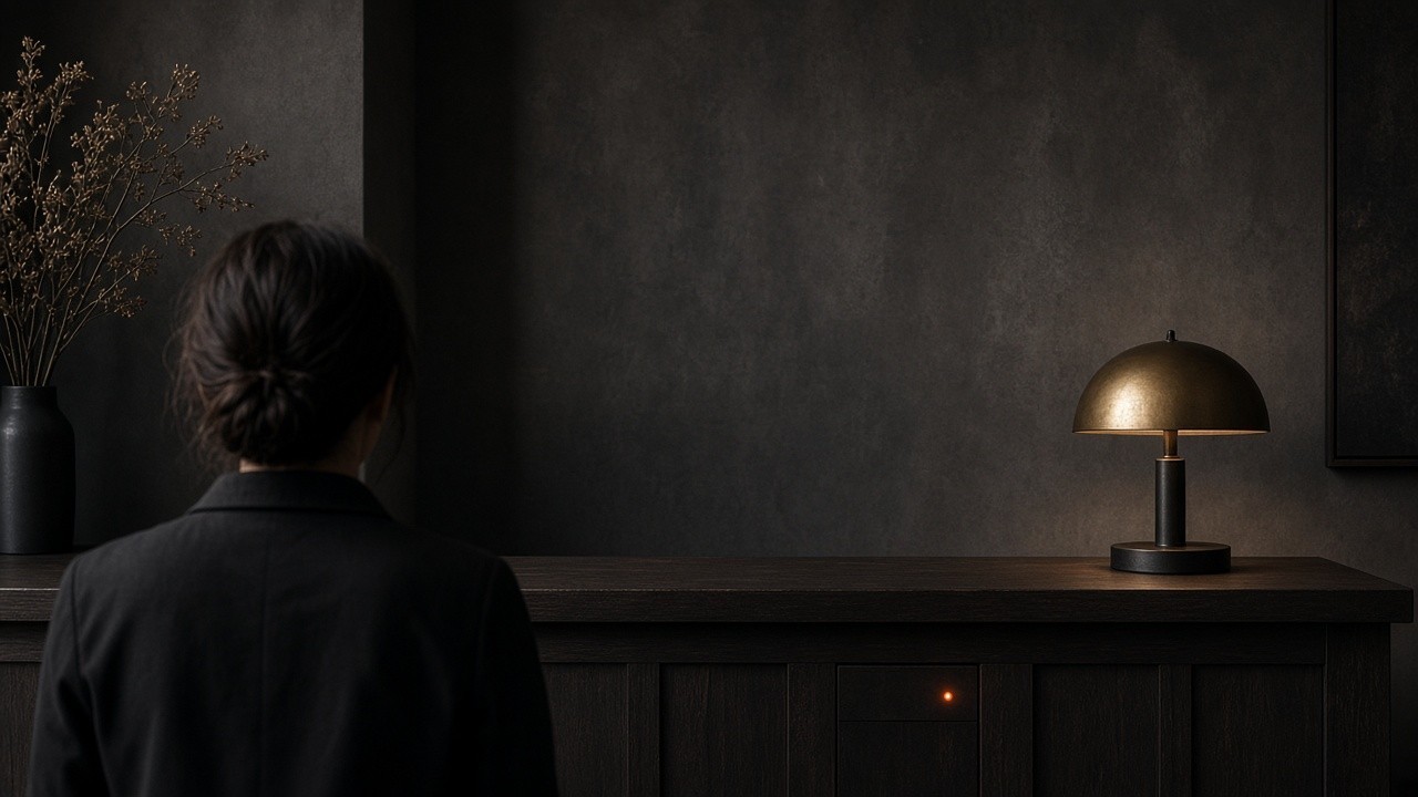 Reception desk in charcoal timber with a small neon JOY sign and a staff member seen from behind