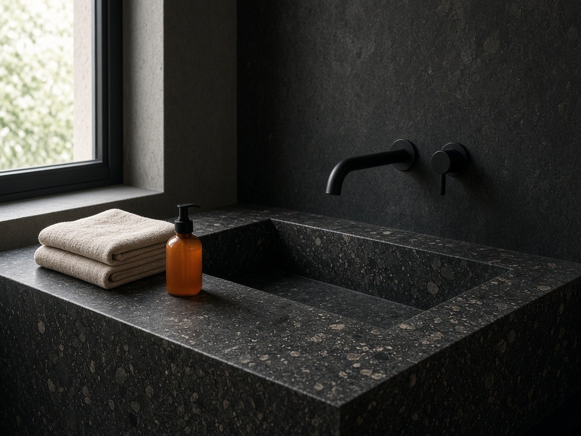 Dark stone basin, matte black tap and folded linen towels in daylight