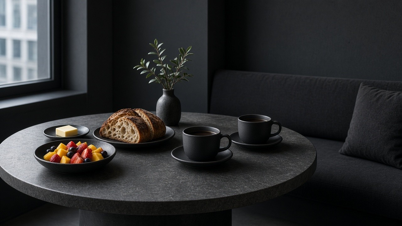 Breakfast table with sourdough, fruit and black coffee in a dark dining nook