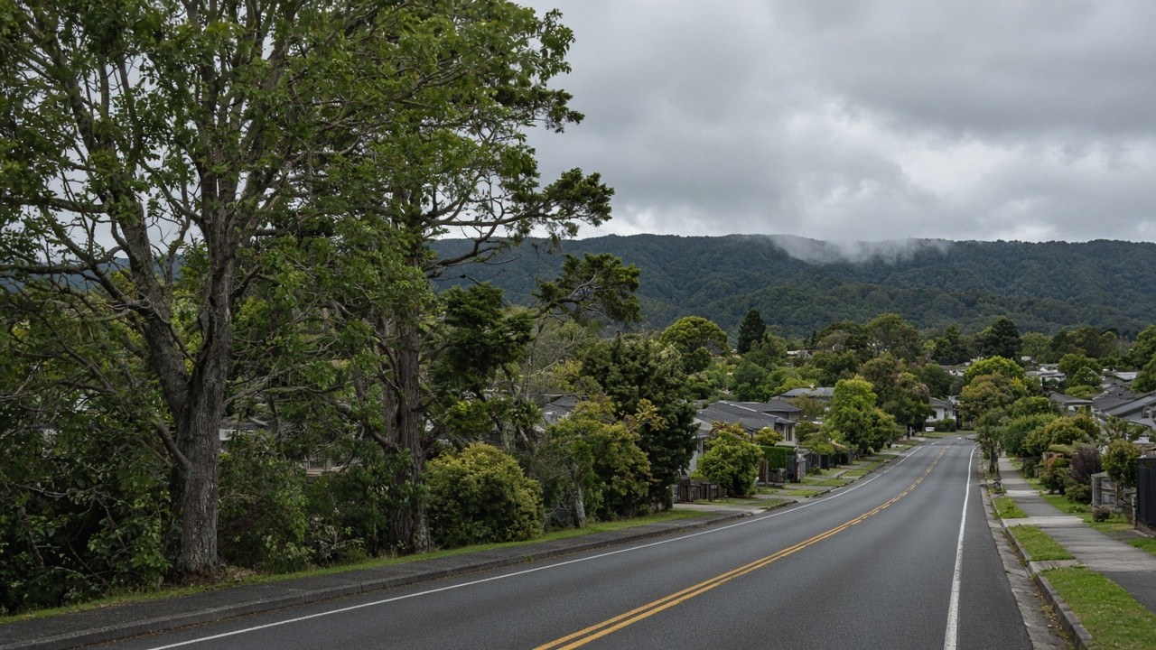 Henderson street with native trees and Waitākere foothills under a clear sky