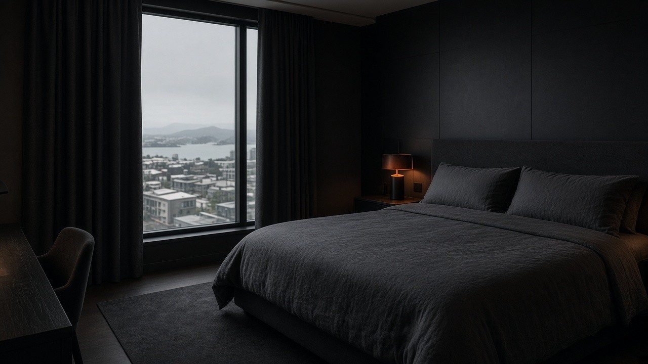 Joymoment guest room — charcoal linen, graphite walls and a single warm lamp at dusk