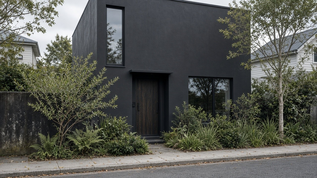 Charcoal plaster hotel entrance with a graphite timber door and native planting on Rathgar Road