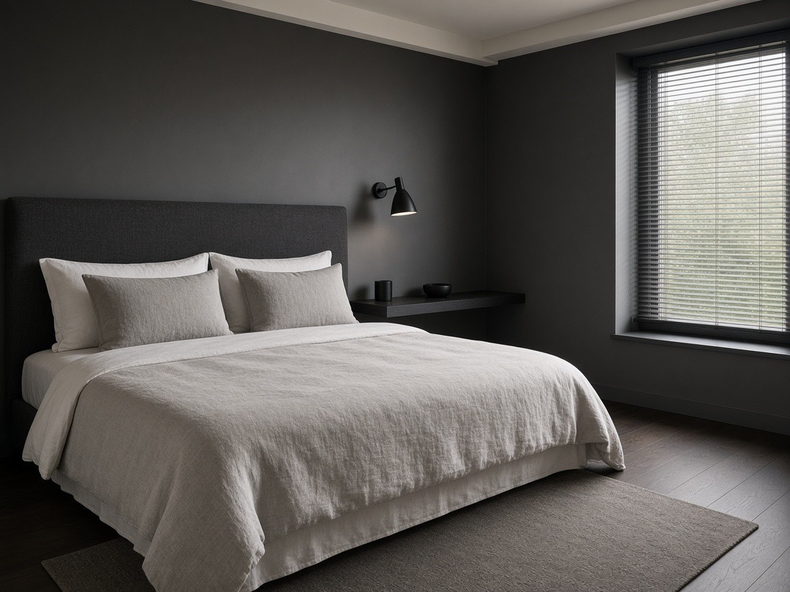 The Compact — queen bed, graphite headboard and a black wall lamp in daylight