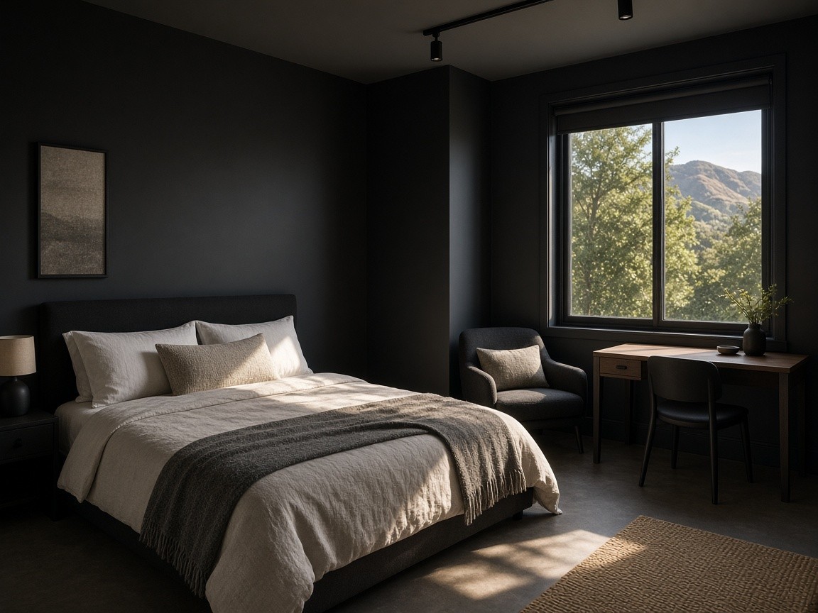 The Studio — queen bed, charcoal armchair and a writing desk by the window